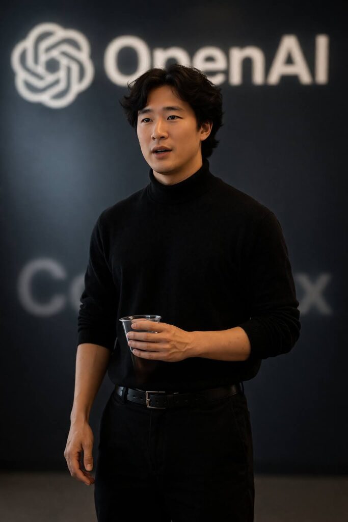 A presenter speaking in front of an OpenAI backdrop.